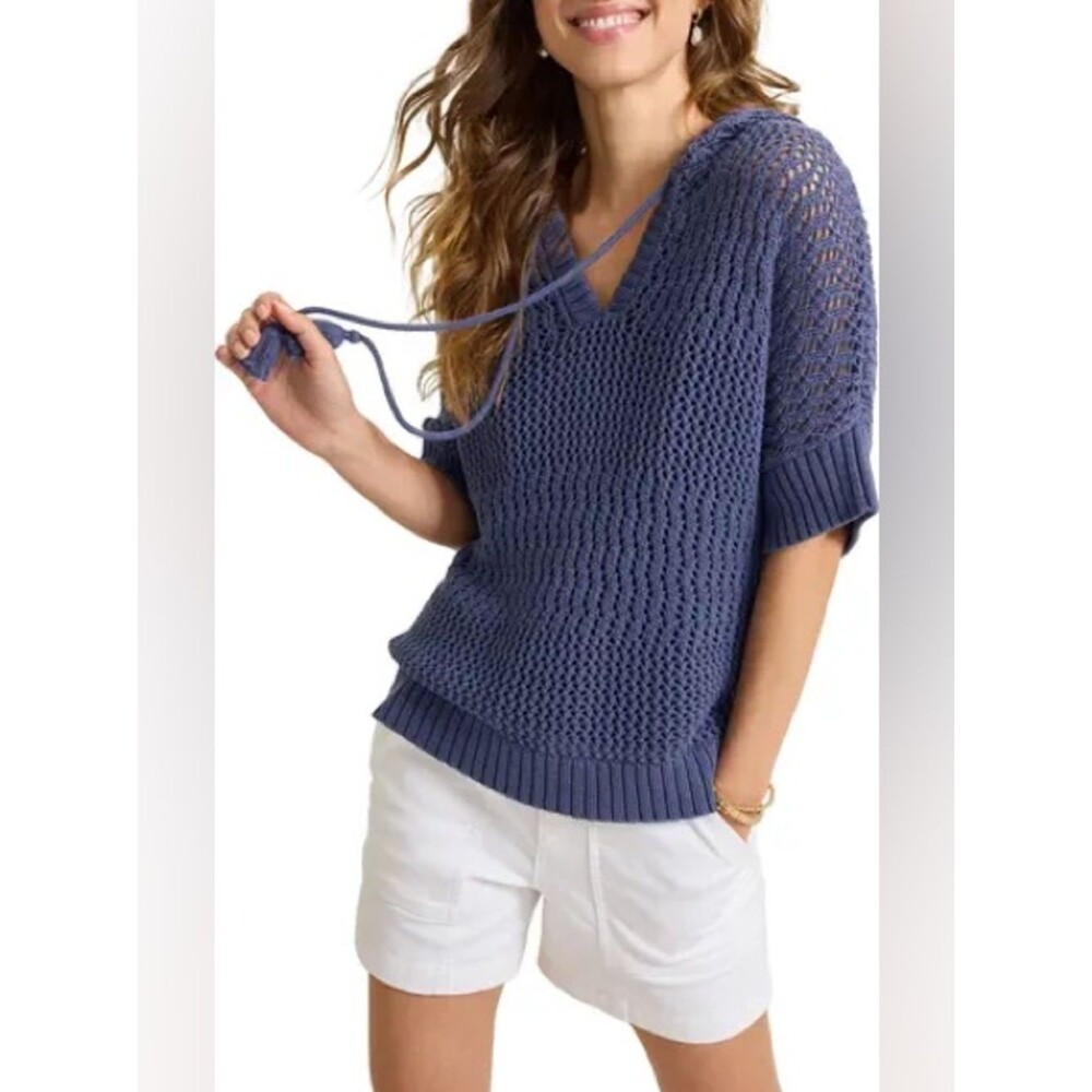 Tommy Bahama Zoe Open Stitch Baja Hoodie Cotton Beach Sweater Slate Blue S